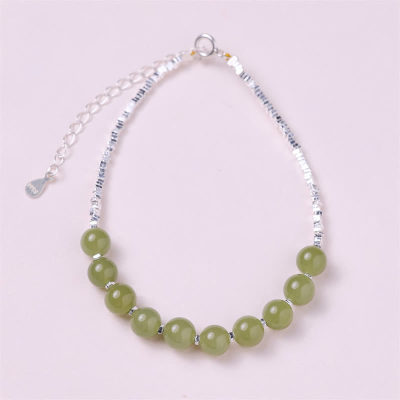 Buddha Stones 925 Sterling Silver Hetian Jade Bead Luck Chain Bracelet Bracelet BS Hetian Jade(Prosperity♥Abundance)