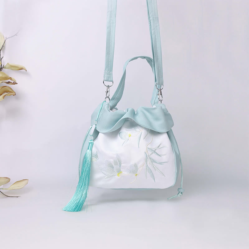 Buddha Stones Suzhou Embroidery Lotus Epiphyllum Magnolia Cotton Linen Tote Crossbody Bag Shoulder Bag Handbag Crossbody Bag BS 20