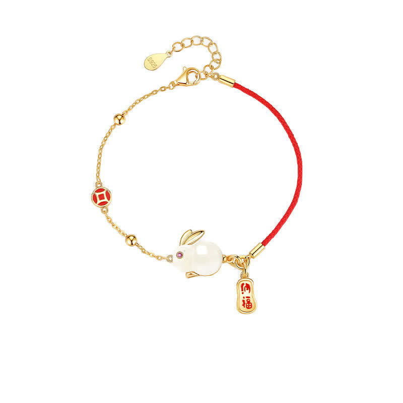 Buddha Stones Year of the Rabbit White Jade Happiness Red String Chain Bracelet Bracelet BS 9
