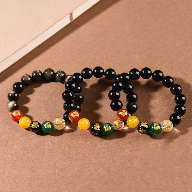 Buddha Stones Gold Sheen Obsidian Rainbow Obsidian Black Obsidian Five Directions Gods of Wealth Bracelet Bracelet BS 1