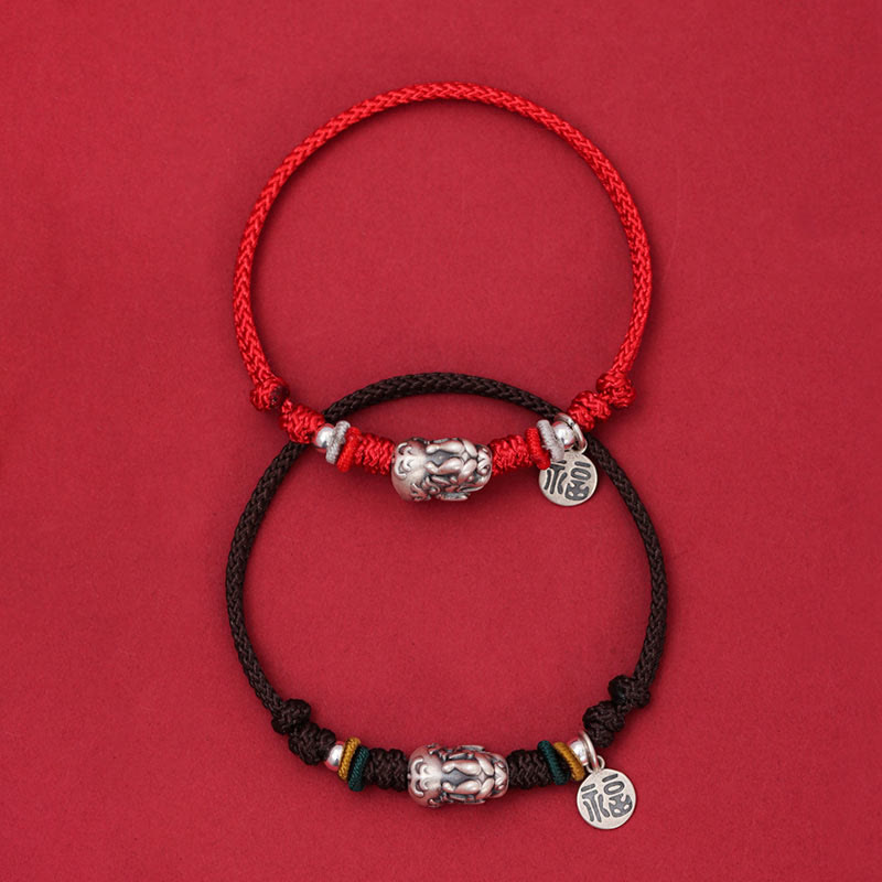 Buddha Stones 925 Sterling Silver PiXiu Fu Character Wealth Luck Handmade Braided Bracelet Bracelet BS 8