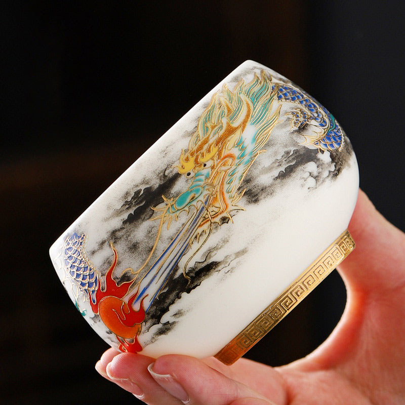 Buddha Stones Dragon Playing With Pearl Design White Porcelain Ceramic Teacup Kung Fu Tea Cup 160ml Cup BS 2