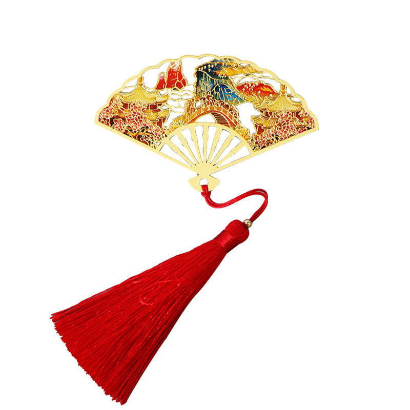 Buddha Stones Traditional Butterfly Lotus Flower Crane Dragon Phoenix Fox Koi Fish New Beginning Metal Brass Hollow Fan Bookmarks Bookmarks BS 21