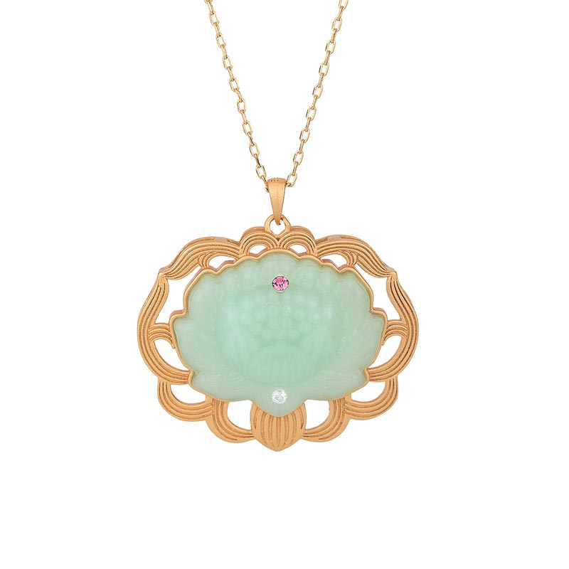 Buddha Stones Natural Jade Lotus Harmony Necklace Pendant Necklaces & Pendants BS 2