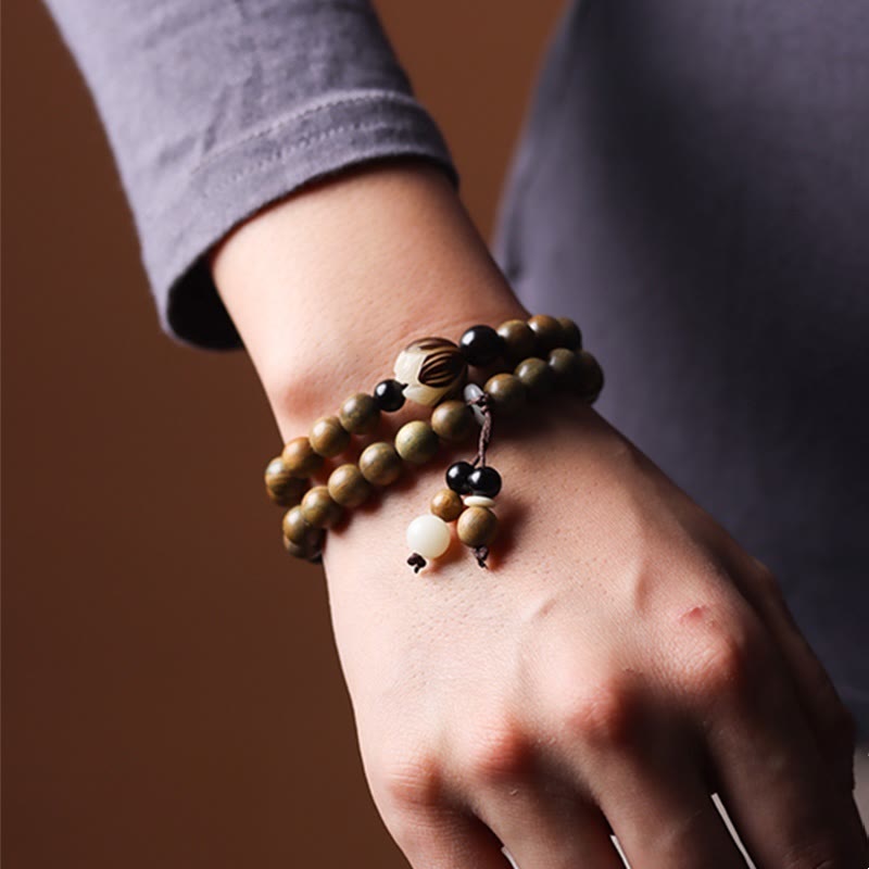 Buddha Stones Green Sandalwood Bodhi Seed Lotus Soothing Double Wrap Bracelet Bracelet BS 10