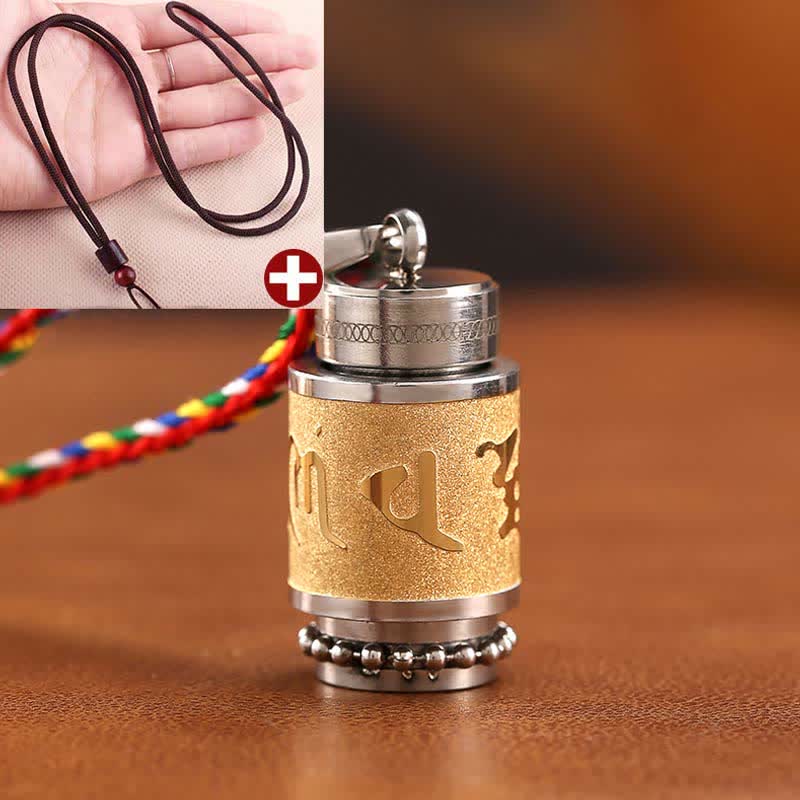 Buddha Stones Tibet Om Mani Padme Hum Shurangama Mantra Titanium Steel Wisdom Amulet Necklace Pendant Necklaces & Pendants BS 1.4*2.4cm Gold Brown String