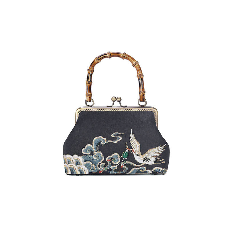 Buddha Stones Auspicious Clouds Cranes Embroidery Bamboo Handle Handbag Crossbody Bag Crossbody Bag&Handbags BS 3