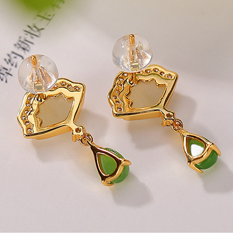 Buddha Stones White Jade Cyan Jade Fan Water Drop Pattern Luck Drop Earrings Earrings BS 6