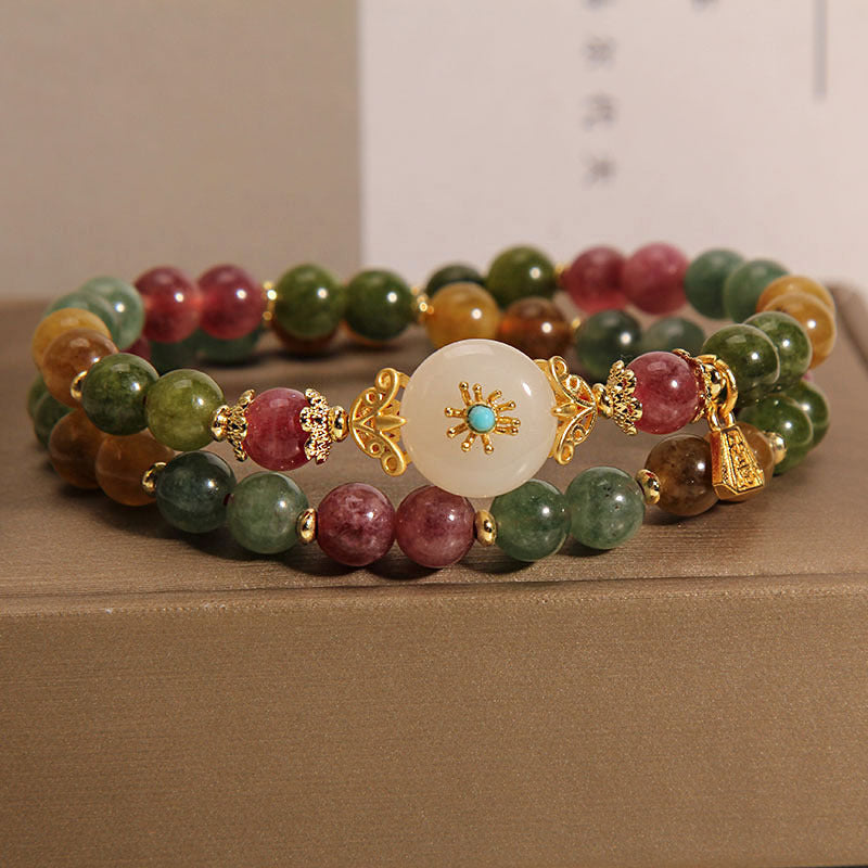 Buddha Stones Natural Multicolored Tourmaline Positive Jade Flower Double Wrap Bracelet Bracelet BS Tourmaline(Positive♥Love)(Wrist Circumference 14-16cm)Double Wrap
