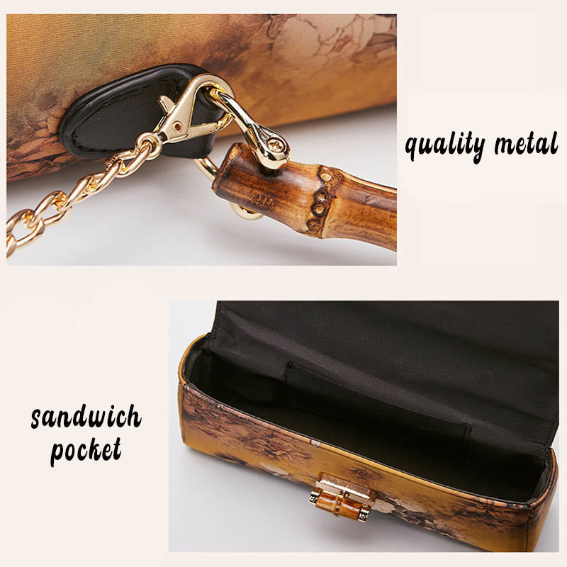 Buddha Stones Flower Pattern Bamboo Handle Metal Chain Crossbody Bag Handbags Crossbody Bag&Handbags BS 6