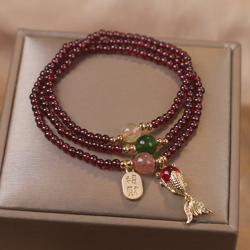 Buddha Stones Natural Garnet Strawberry Quartz Crystal Fox Koi Fish Peace Buckle Fortune Protection Triple Wrap Bracelet Bracelet BS 5