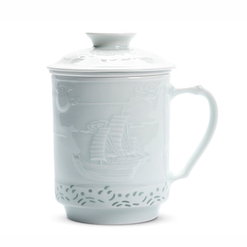 Buddha Stones Jingdezhen Linglong Porcelain Auspicious Dragon Phoenix Boat Smooth Sailing Ceramic Teacup Office Tea Cups 420ml Cup BS 13