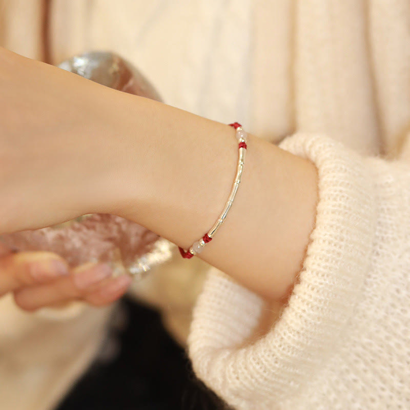 Buddha Stones 925 Sterling Silver Bamboo White Agate Red Agate Bead Protection String Braided Bracelet Bracelet BS White Agate(Wrist Circumference 14-17cm)