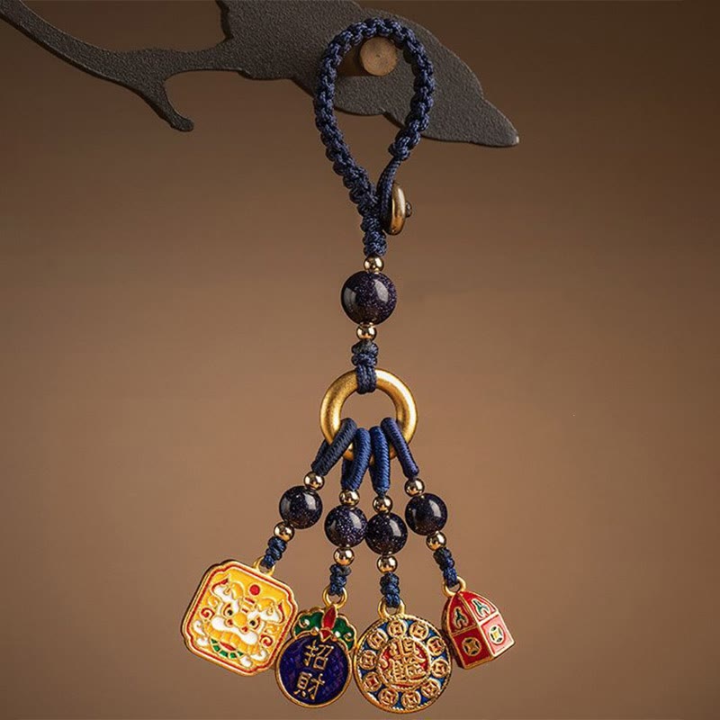 Buddha Stones Nothing to Be Superstitious Dancing Lion Copper Wealth Key Chain Key Chain BS Dark Blue(Dancing Lion Charm)