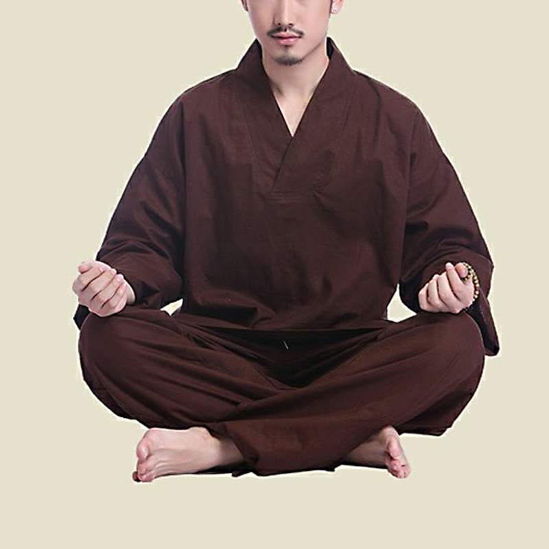 Buddha Stones Meditation Prayer V-neck Design Cotton Linen Spiritual Zen Practice Yoga Clothing Men's Set - image 1