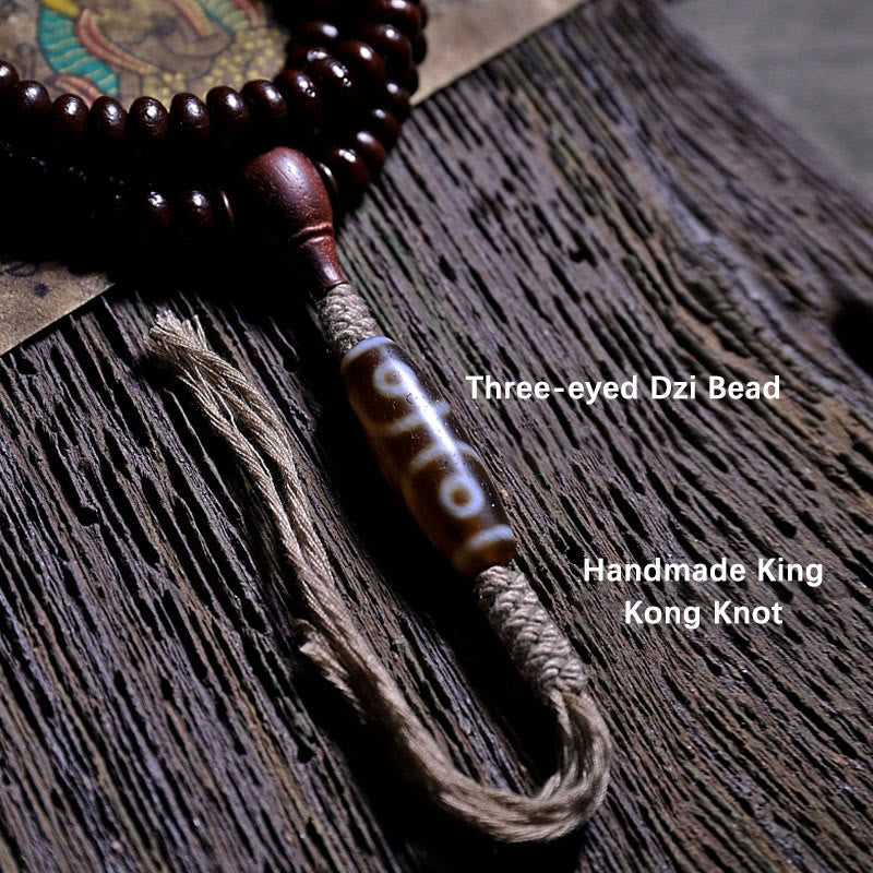 Buddha Stones Natural Tibet 108 Mala Beads Purple Bodhi Seed Three-eyed Dzi Bead Copper Dorje Harmony Bracelet Mala Bracelet BS 11