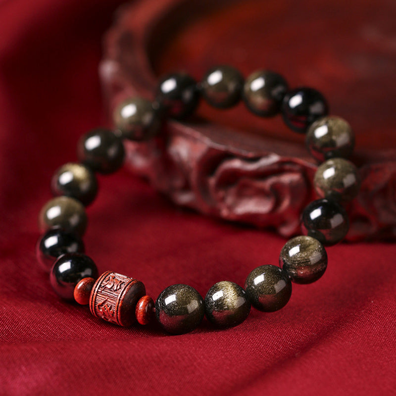 Buddha Stones Natural Gold Sheen Obsidian Rainbow Obsidian Om Mani Padme Hum Fu Character Healing Bracelet Bracelet BS 7