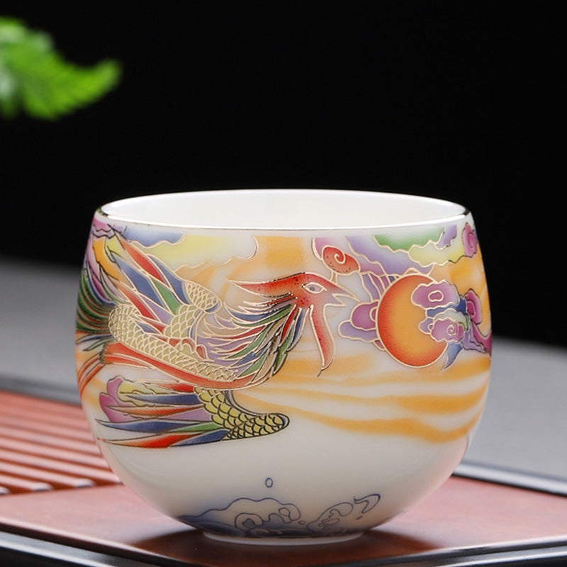 Buddha Stones Dragon Phoenix Auspicious Clouds Sun Ocean Waves Ceramic Teacup Kung Fu Tea Cup Cup BS 7cm*6.1cm*140ml Phoenix
