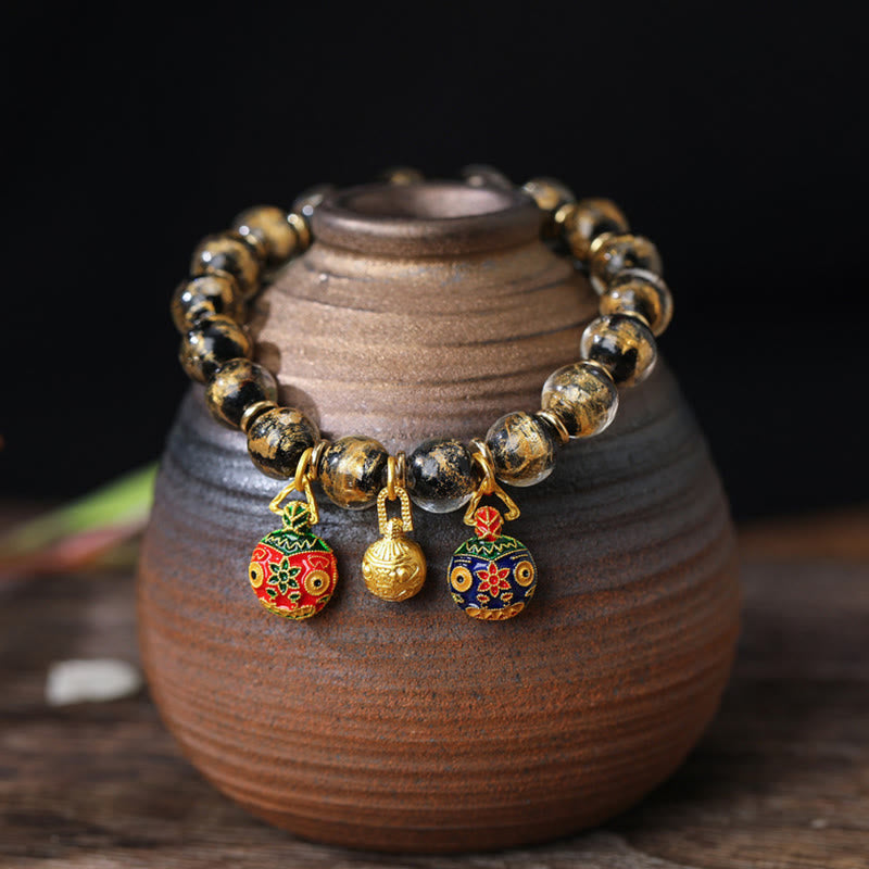 Buddha Stones Gold Swallowing Beast Family Charm Gold Silver Foil Liuli Glass Bead Blessings Bracelet Bracelet BS Black Gold 10mm(18 Beads)