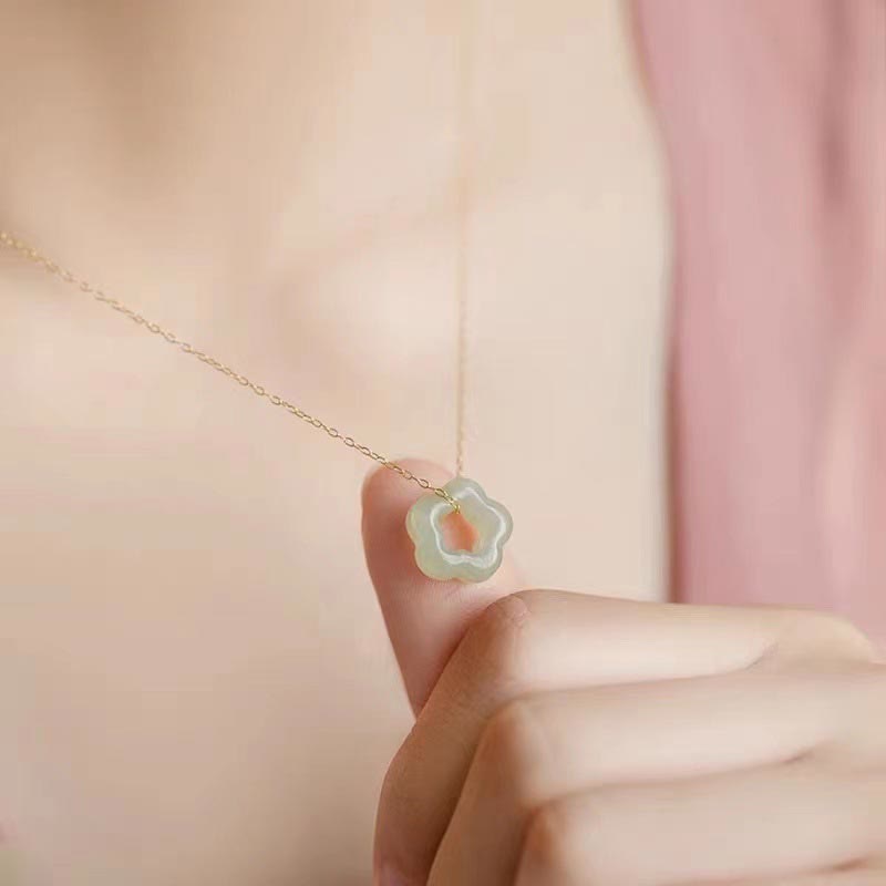 Buddha Stones Dainty Hetian Jade Cyan Jade Luck Floral Charm Necklace Pendant Necklaces & Pendants BS 4