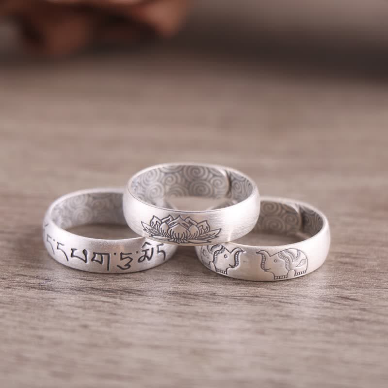 Foviel 999 Sterling Silver Lotus Elephant Six True Words Blessing Ring
