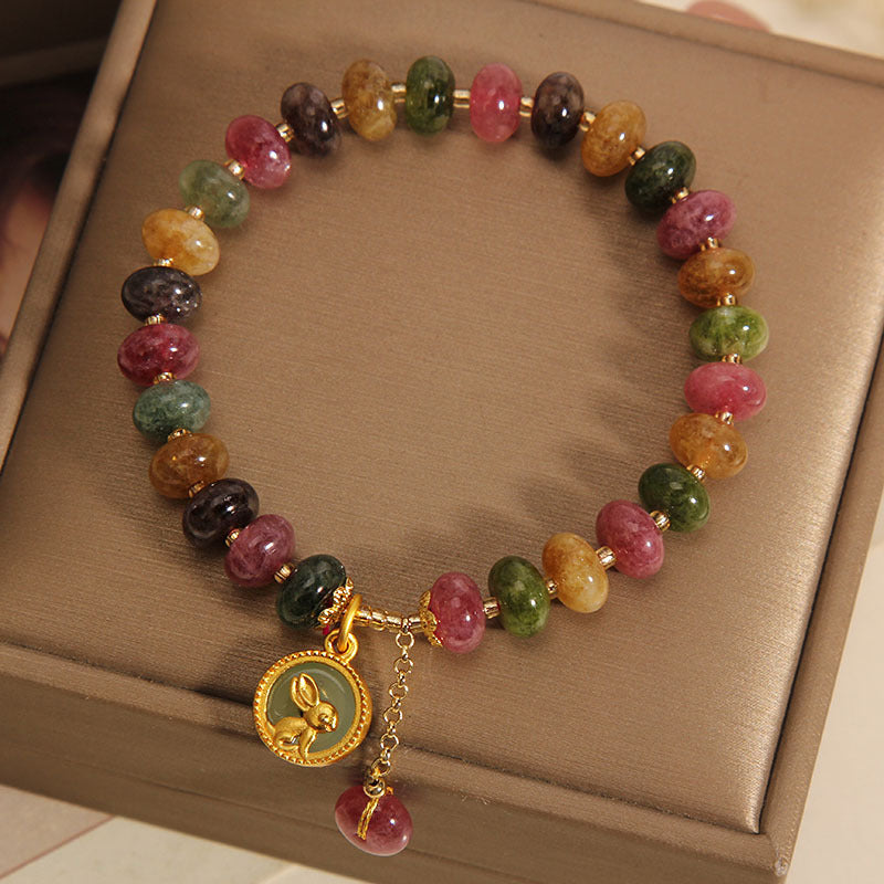 Buddha Stones Natural Colorful Tourmaline Cute Rabbit Charm Positive Bracelet Bracelet BS 4