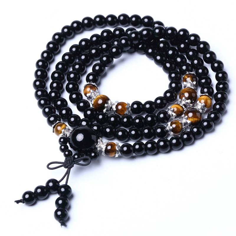 Buddha Stones 108 Beads Natural Black Obsidian Tiger Eye Mala Bracelet Mala Bracelet BS 10