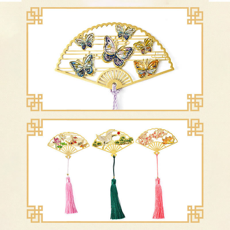 Buddha Stones Traditional Butterfly Lotus Flower Crane Dragon Phoenix Fox Koi Fish New Beginning Metal Brass Hollow Fan Bookmarks Bookmarks BS 4