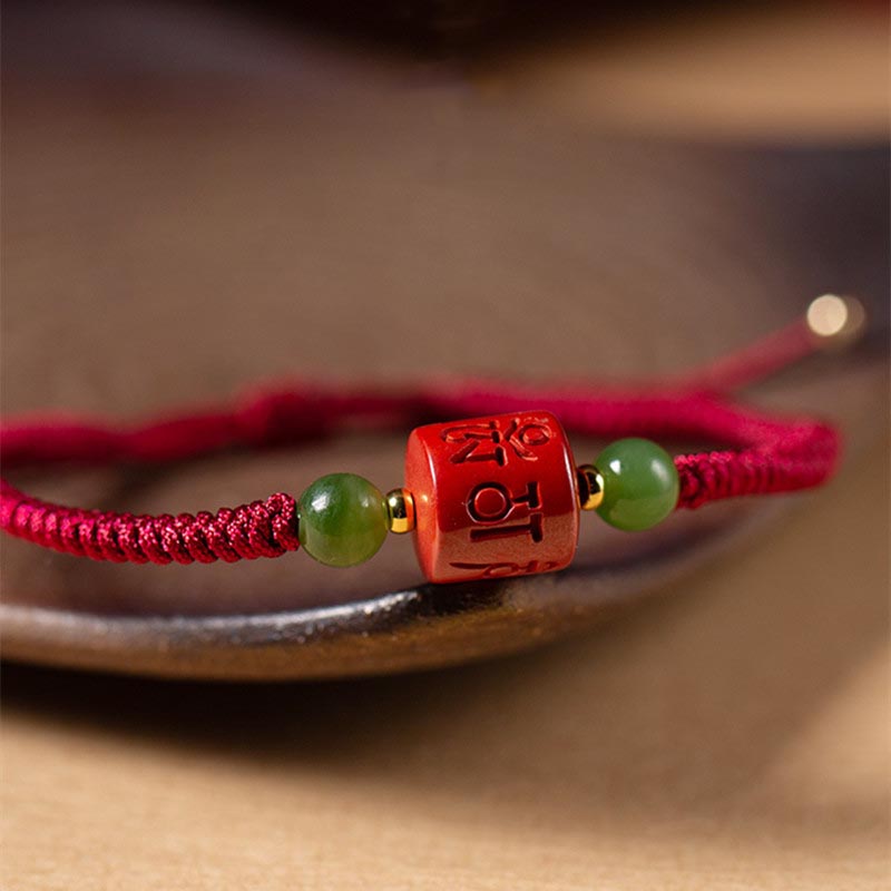 Buddha Stones Tibetan Cinnabar Om Mani Padme Hum Engraved Blessing Braided Rope Bracelet Bracelet BS 3