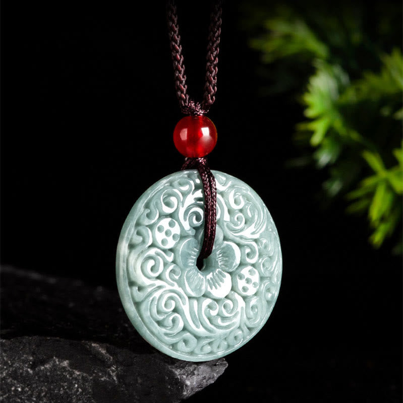 Buddha Stones Green Jade Flower Carved Peace Buckle Abundance Necklace Pendant Necklaces & Pendants BS 2