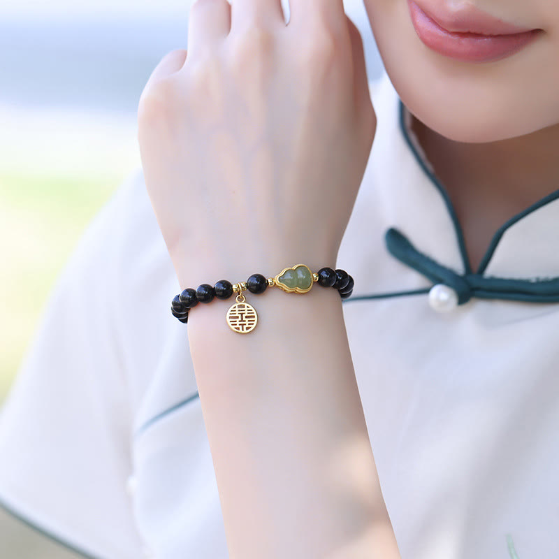 Buddha Stones Natural Black Obsidian Hetian Jade Gourd Double Happiness Strength Bracelet Bracelet BS 5