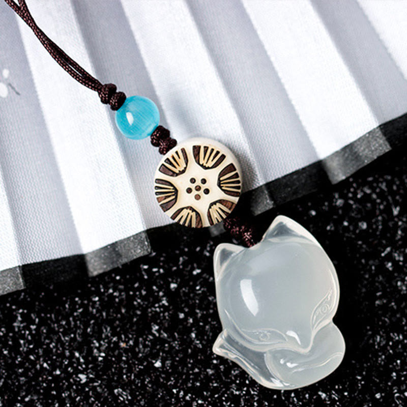 Buddha Stones Natural Chalcedony Fox Harmony Phone Hanging Decoration Phone Hanging Decoration BS White Fox