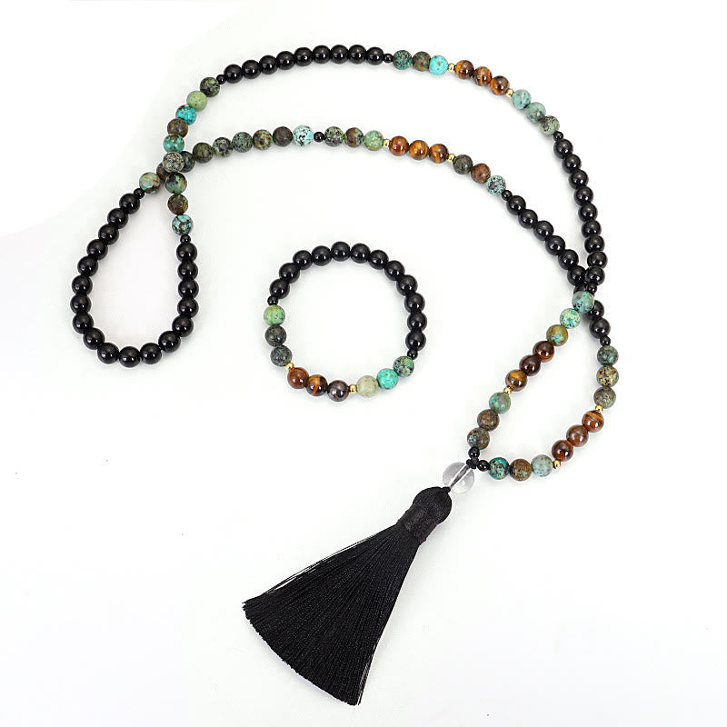 Buddha Stones 108 Mala Beads Natural Stone Tiger Eye Turquoise Protection Strength Bracelet Necklace Bracelet Necklaces & Pendants BS 9