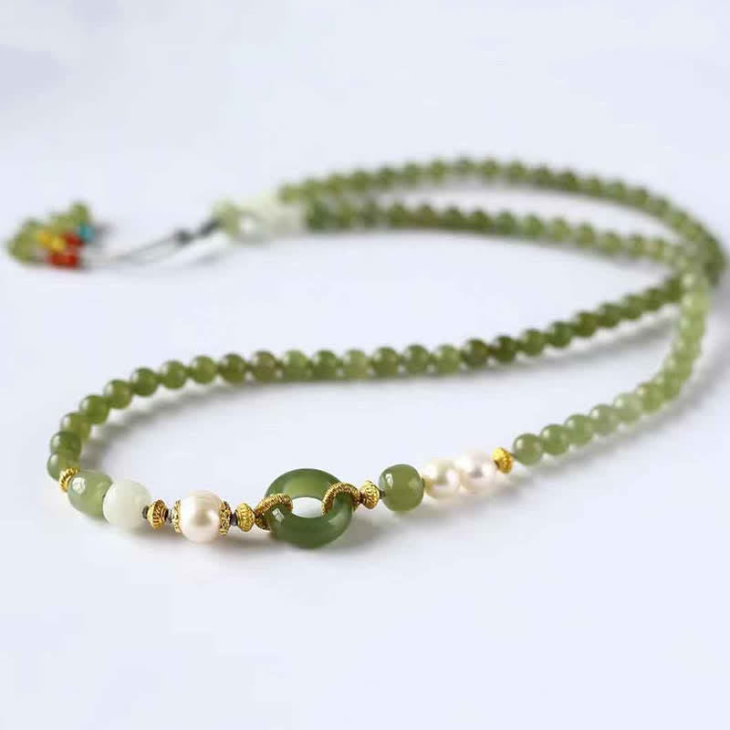 Buddha Stones Hetian Jade Pearl Peace Buckle Luck Wealth String Bracelet Bracelet BS 3