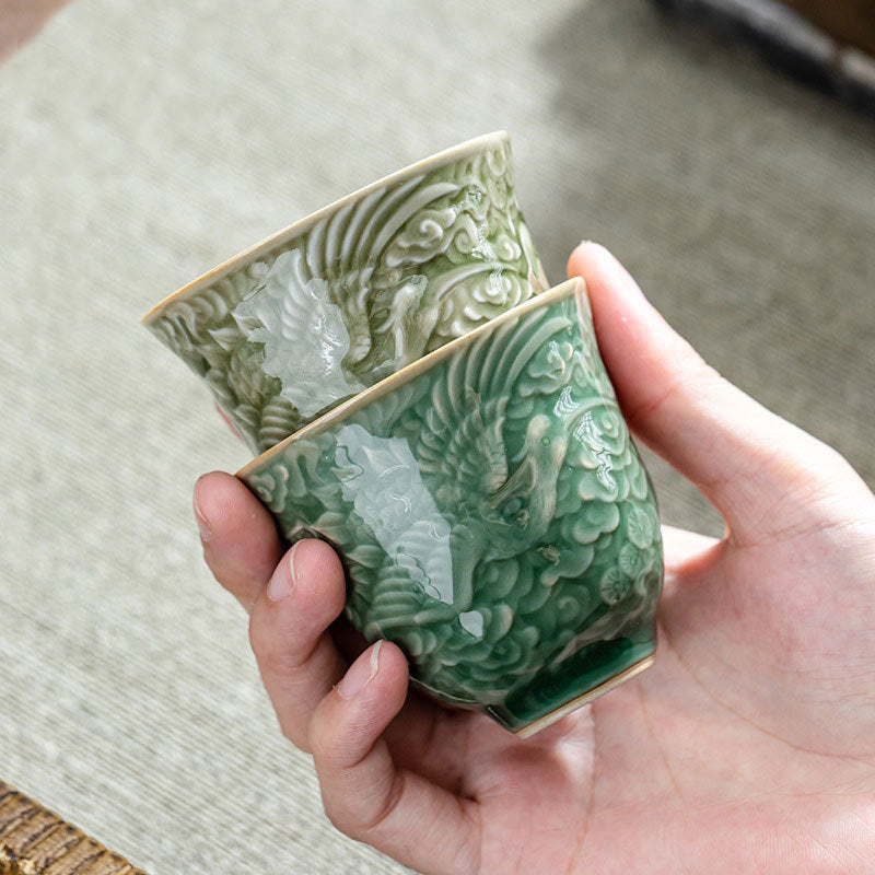 Buddha Stones Crane Pine Ceramic Teacup Kung Fu Tea Cup 80ml Cup BS 1
