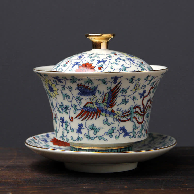 Buddha Stones Retro Plum Blossom Pine Bamboo Phoenix Kirin Ceramic Gaiwan Sancai Teacup Kung Fu Tea Cup and Saucer with Lid Cup BS Phoenix(10cm*9.7cm*190ml)