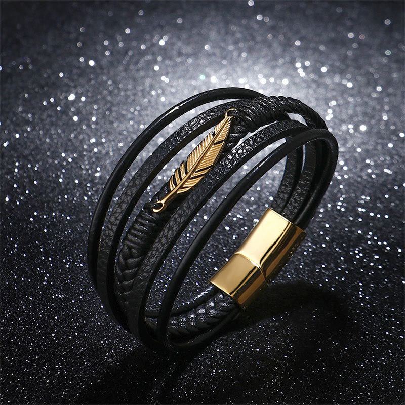 Buddha Stones Feather Pattern Multilayer Leather Titanium Steel Calm Braided Magnetic Buckle Bracelet Bracelet BS 3