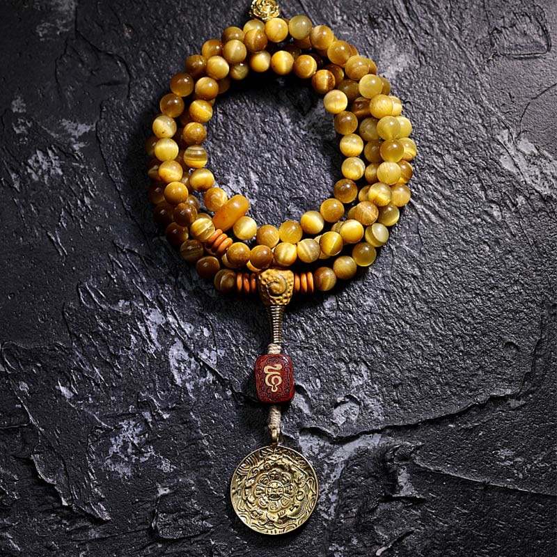 Buddha Stones 108 Mala Beads Natural Tiger Eye Copper Dorje Protection Tassel Bracelet Mala Bracelet BS 6mm Tiger Eye Nine Palaces Eight Diagrams Without Copper Dorje