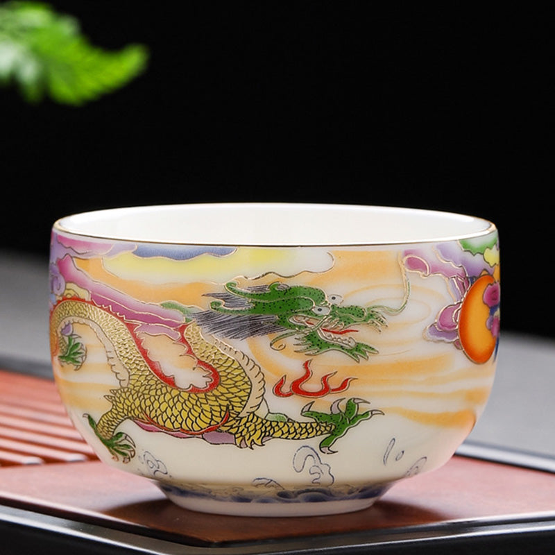 Buddha Stones Dragon Phoenix Auspicious Clouds Sun Ocean Waves Ceramic Teacup Kung Fu Tea Cup Cup BS 8cm*5.2cm*130ml Dragon