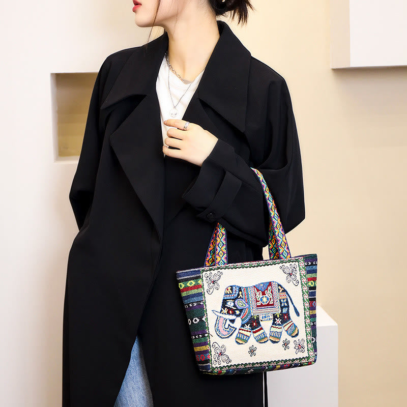 Buddha Stones Elephant Butterfly Embroidered Large Capacity Canvas Tote Bag Shoulder Bag Bag BS 2
