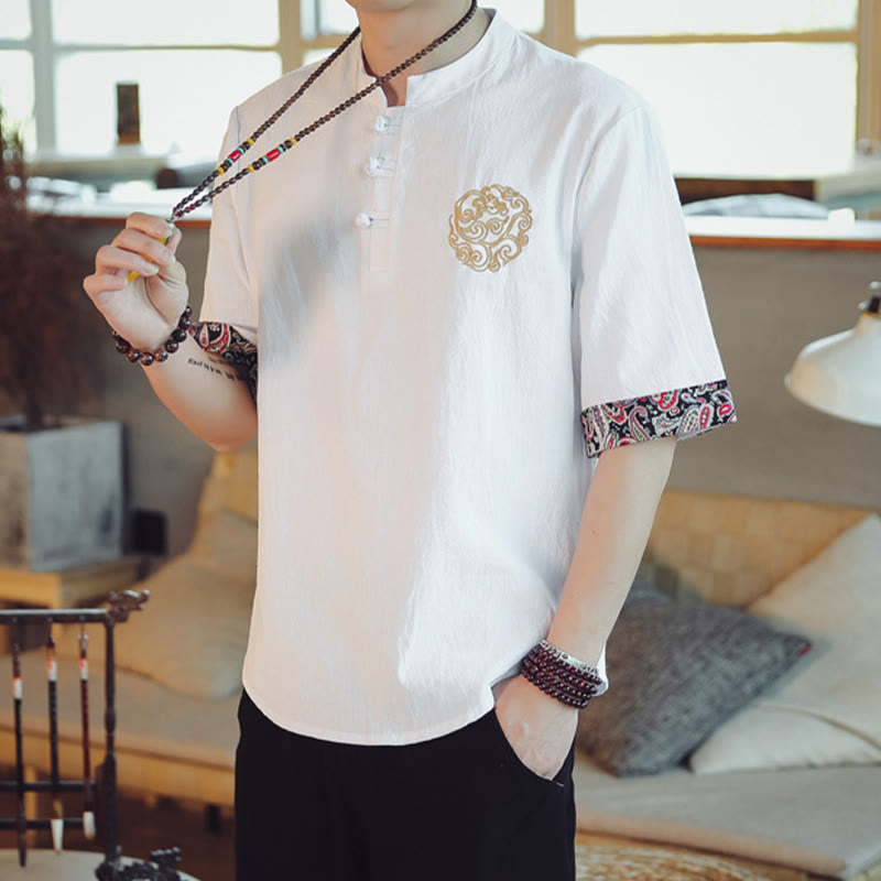 Buddha Stones Frog-Button Dragon Embroidery Chinese Tang Suit Short Sleeve Shirt Linen Men Clothing Men's Shirts BS 21
