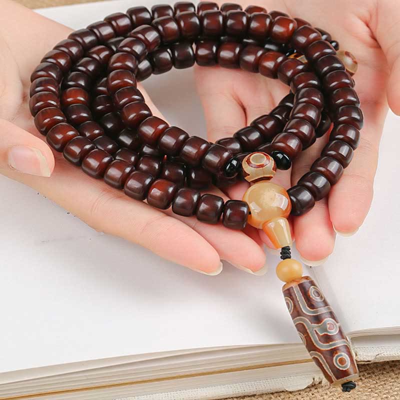 Bracelet de chance Foviel 108 perles Mala avec perle Dzi à trois yeux et perle Dzi à neuf yeux en jade