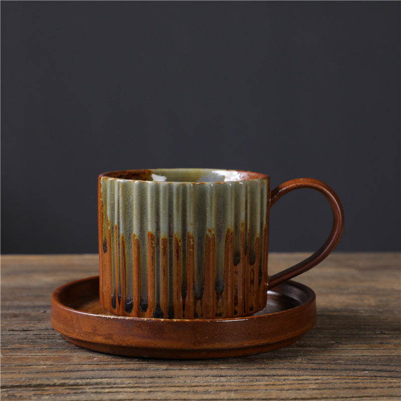 Buddha Stones Retro Striped Kiln Change Ceramic Coffee Mug Rough Pottery Tea Coffee Cup With Saucer 250ml Coffee Mug BS Green Brown 12cm*8.5cm*7cm*250ml