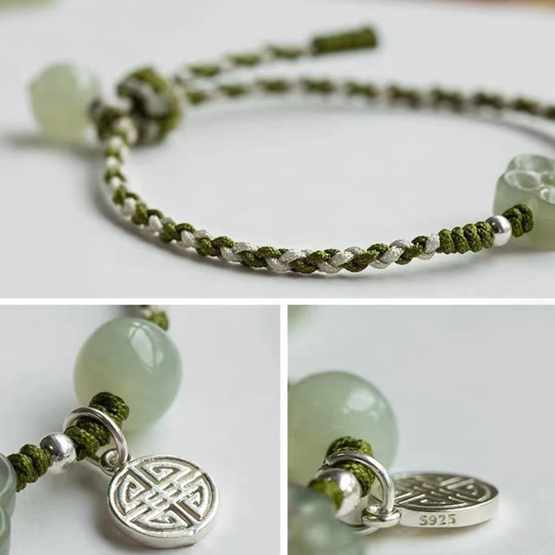 Buddha Stones Handmade Plum Blossom Flower Jade Luck Prosperity Braided Bracelet Bracelet BS 4