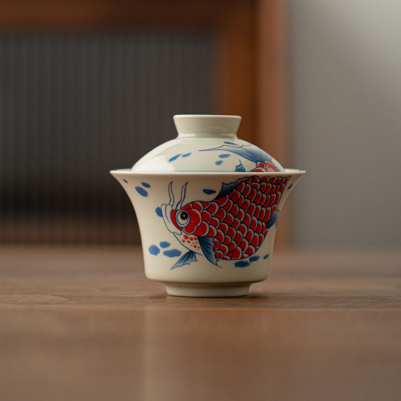 Buddha Stones Koi Fish Arowana Ceramic Gaiwan Sancai Teacup Kung Fu Tea Cup With Lid 130ml Cup BS Red Koi Fish Cup 9.5cm*8.8cm*130ml