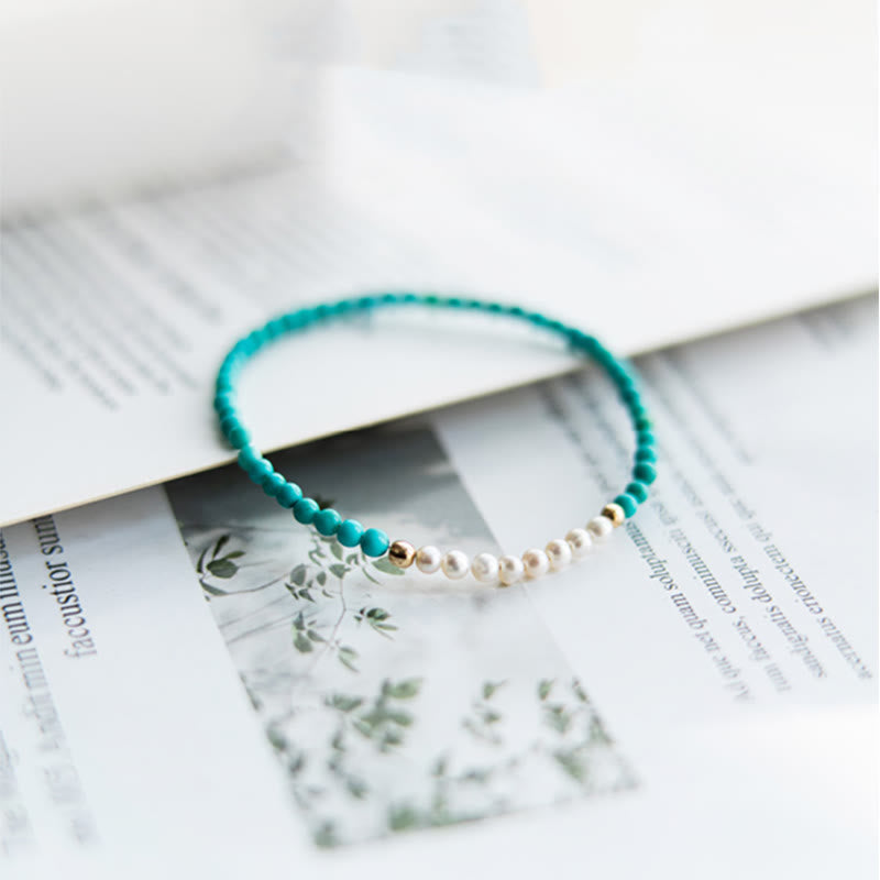 Buddha Stones 925 Sterling Silver Natural Turquoise Pearl Beaded Bracelet Bracelet BS 8