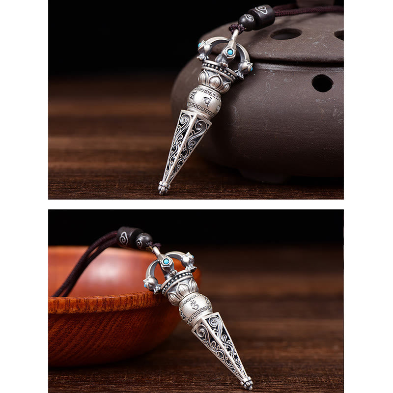 Buddha Stones Tibetan Om Mani Padme Hum Dorje Vajra Design Wisdom Rotatable Necklace Pendant Necklaces & Pendants BS 5