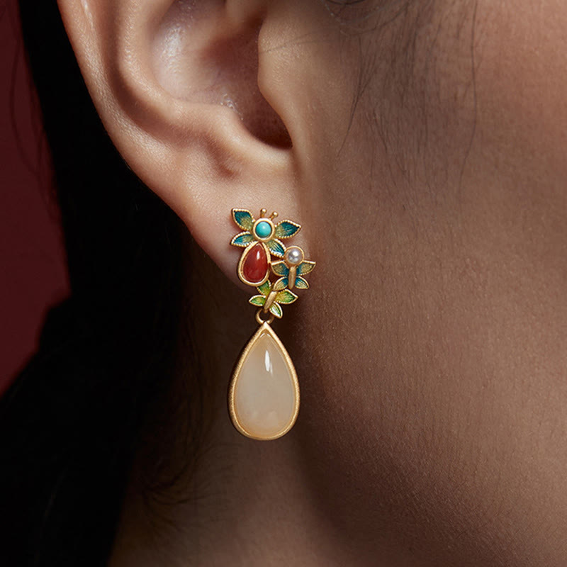 Buddha Stones Water Drop White Jade Red Agate Butterfly Protection Drop Dangle Earrings Earrings BS 7