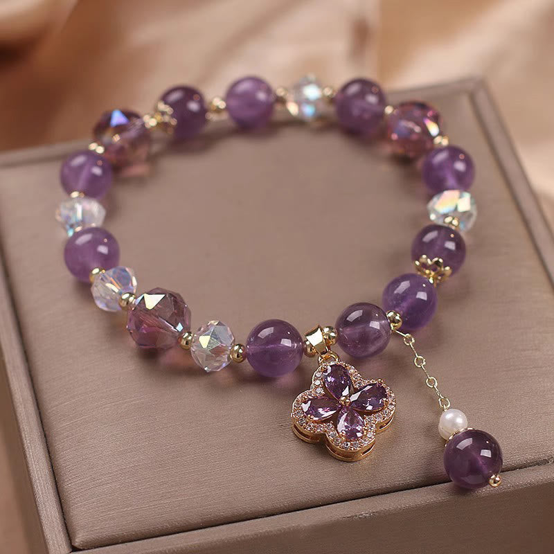 Bracelet de guérison spirituelle Foviel en cristal d'améthyste naturelle à quatre feuilles