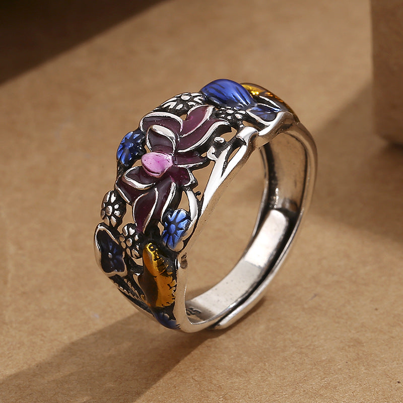 Buddha Stones Koi Fish Lotus Flower Leaf Design Luck Wealth Ring Ring BS 4